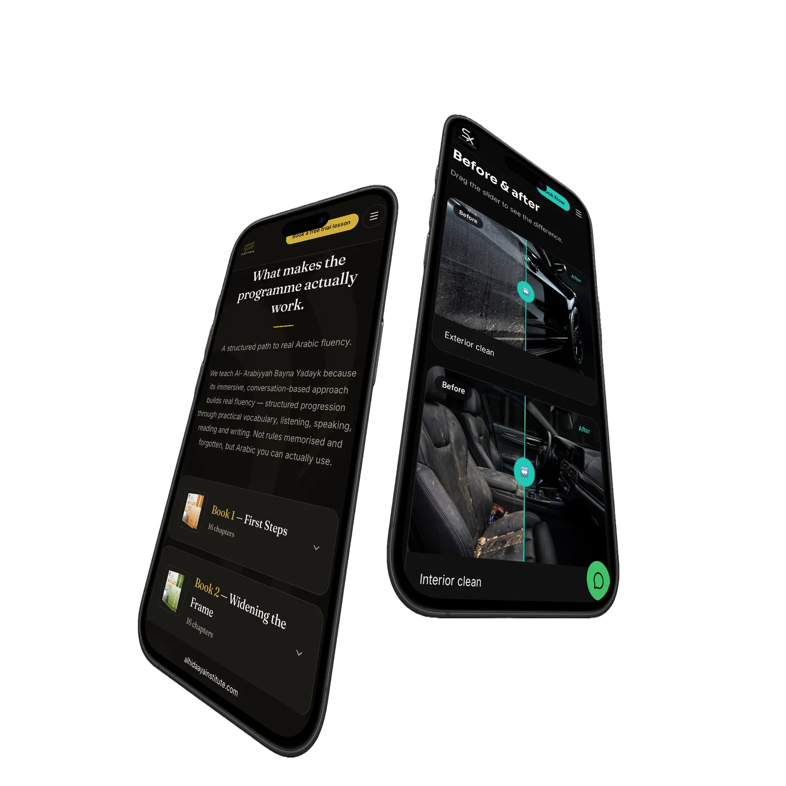 Floating phones showing the Hidaaya and ShineXpert mobile websites
