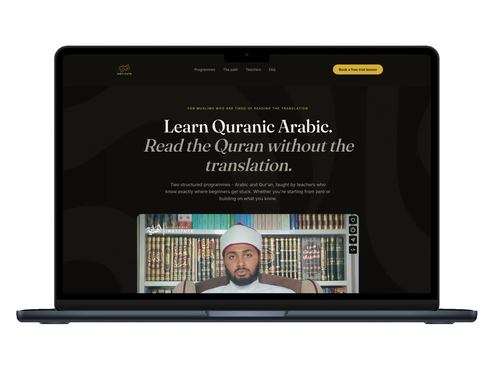 Hidaaya laptop mockup showing Learn Quranic Arabic