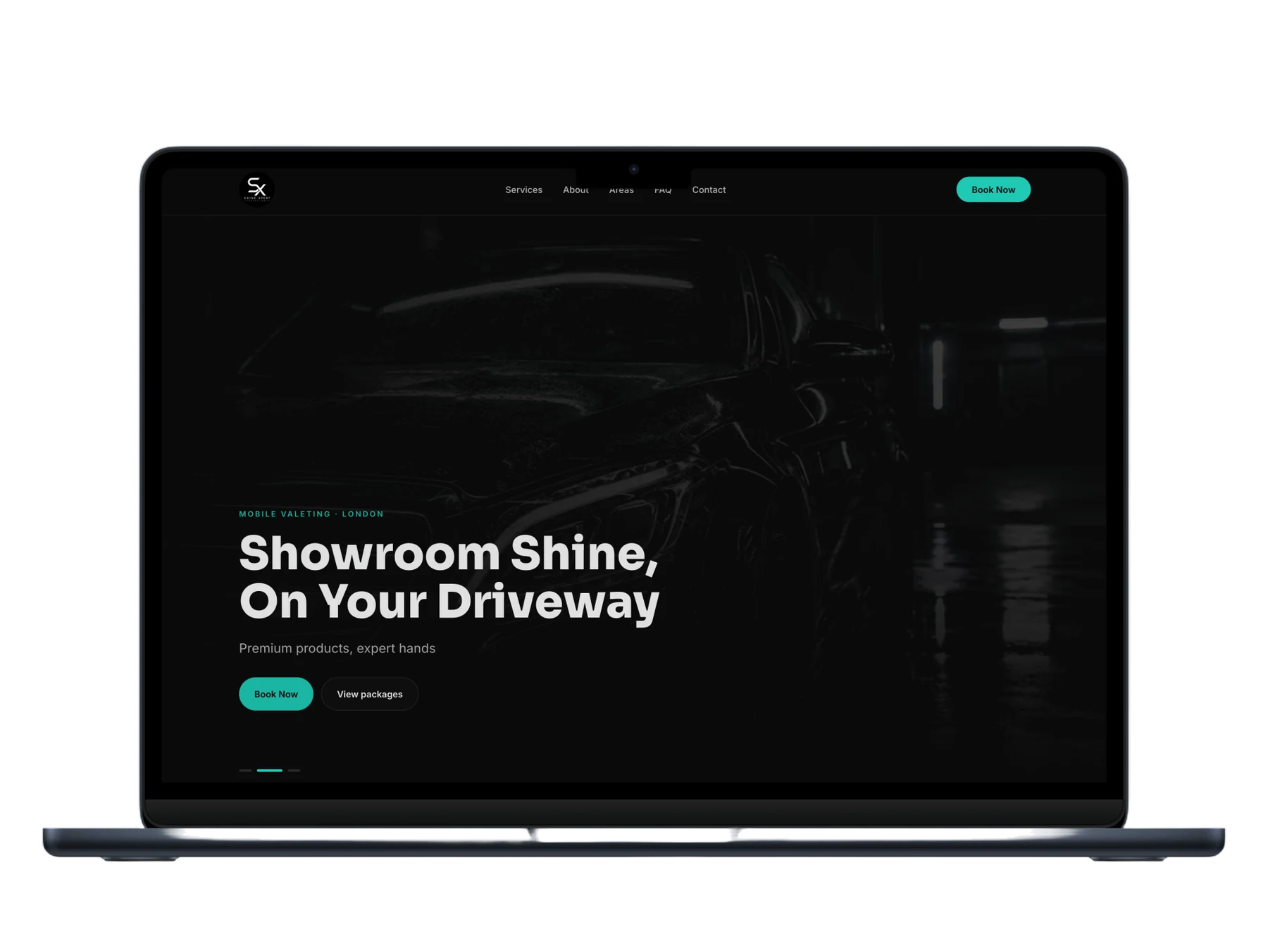 ShineXpert laptop mockup showing Showroom Shine, On Your Driveway